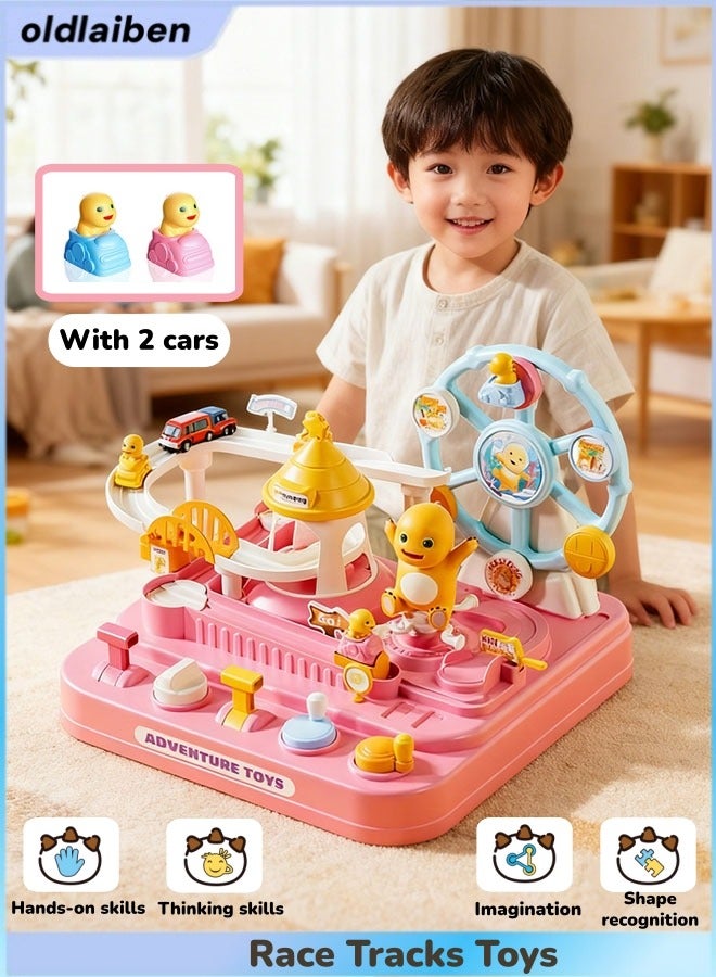 الدليبن مجموعة ألعاب سيارات المسار، مجموعة مسارات التحدي والمغامرة، مجموعة سيارات سباق للأطفال، مجموعة مسارات ألغاز القصور الذاتي تفاصيل سيارة صغيرة رائعة الشكل دائرية الشكل، دمية انزلاقية رائعة للأطفال، مع سيارتين صغيرتين، للأولاد والبنات، ألعاب هدايا (وردي) - Image 1