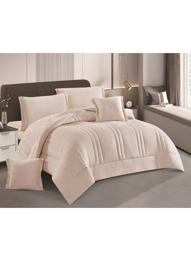 سمارت هوم مفرش سرير شتوي نفرين وجهين (وجه مخمل ووجه فرو) - مفرش بحشوة – طقم لحاف 6 قطع فاخر مزدوج كامل يشمل مفرش بحشوة 250×230 سم + واقي مرتبة مطاط 200×200+30 سم + 2 كيس مخدة 50×75+5 سم + 2 كيس وسادة مربعة 45×45+5 سم – مفارش نوم أنيقة فندقية ناعمة ودافئة للغرفة - Image 1