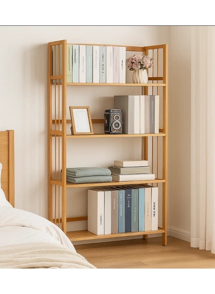 LINGWEI Rustic Bamboo Bookshelf Freestanding Wooden Bookcase & Storage Organizer Shelving Unit - Image 3