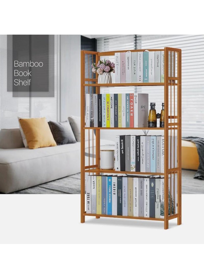 LINGWEI Rustic Bamboo Bookshelf Freestanding Wooden Bookcase & Storage Organizer Shelving Unit - Image 5