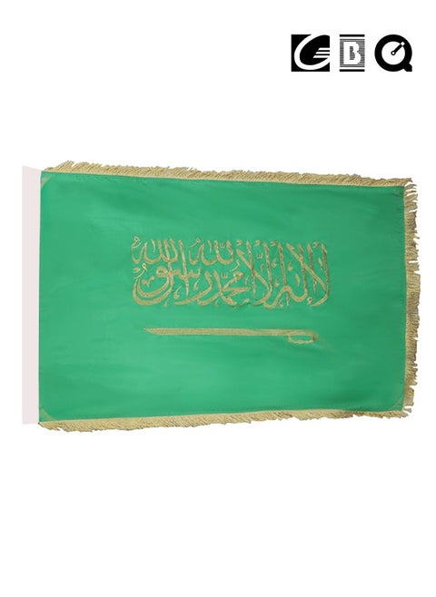 علم المملكة العربية السعودية عالي الجودة مخصص حصريًا على الوجهين مطرز + ساتان + حافة شرابة 1 * 1.5 متر ديكور مكتبي لليوم الوطني