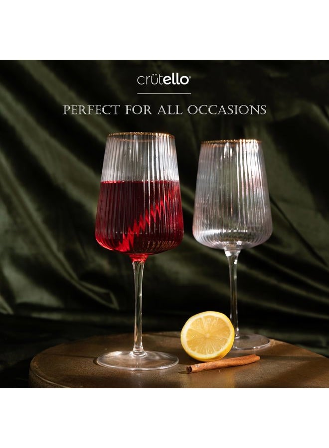 Crutello Modern Wine Glasses - 17 oz Unique Fluted Glassware with Vintage Ribbed Glassware Texture and Gold Rim, Art Deco Red Wine or Fancy White Wine Glasses - Set of 4 - Image 3