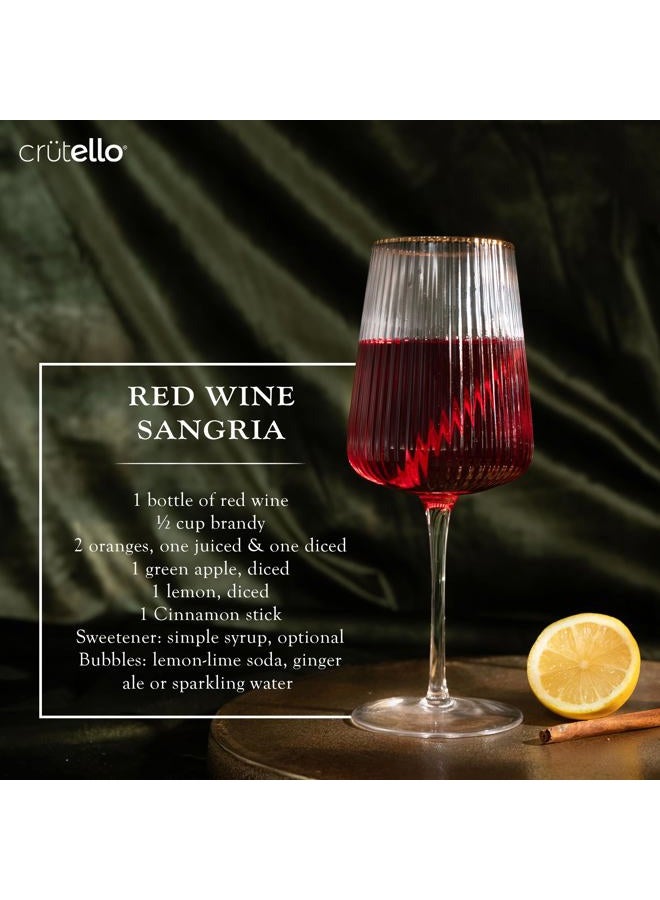 Crutello Modern Wine Glasses - 17 oz Unique Fluted Glassware with Vintage Ribbed Glassware Texture and Gold Rim, Art Deco Red Wine or Fancy White Wine Glasses - Set of 4 - Image 4