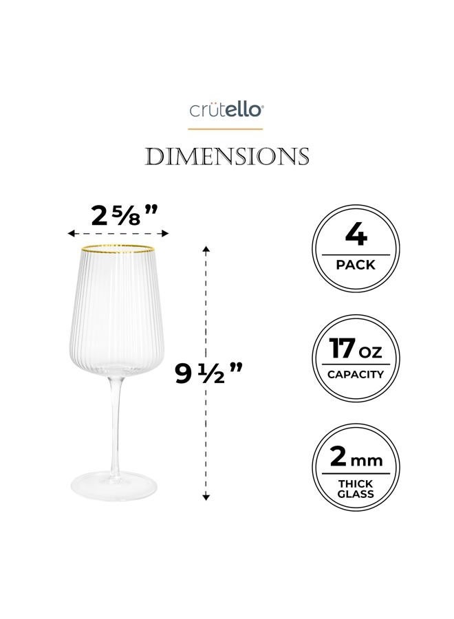Crutello Modern Wine Glasses - 17 oz Unique Fluted Glassware with Vintage Ribbed Glassware Texture and Gold Rim, Art Deco Red Wine or Fancy White Wine Glasses - Set of 4 - Image 2