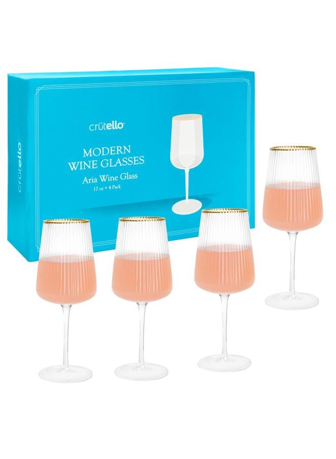 Crutello Modern Wine Glasses - 17 oz Unique Fluted Glassware with Vintage Ribbed Glassware Texture and Gold Rim, Art Deco Red Wine or Fancy White Wine Glasses - Set of 4 - Image 1