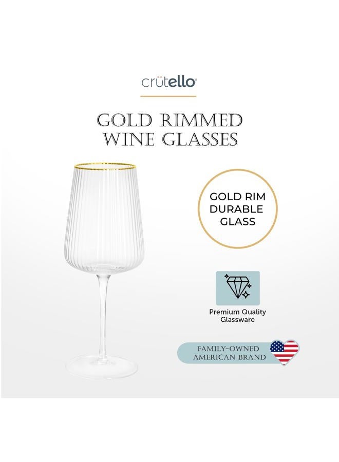 Crutello Modern Wine Glasses - 17 oz Unique Fluted Glassware with Vintage Ribbed Glassware Texture and Gold Rim, Art Deco Red Wine or Fancy White Wine Glasses - Set of 4 - Image 5