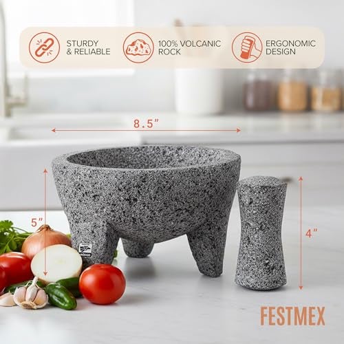 FESTMEX Genuine Handmade Mexican Mortar and Pestle Set- 8 Inches, Molcajete Mexicano — Mexican Cookware Perfect as Salsa Bowls, Guacamole Bowl and Masher, Mortero Para Cocina made from Volcanic Rock in Mexico - Image 2