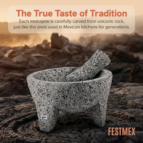 FESTMEX Genuine Handmade Mexican Mortar and Pestle Set- 8 Inches, Molcajete Mexicano — Mexican Cookware Perfect as Salsa Bowls, Guacamole Bowl and Masher, Mortero Para Cocina made from Volcanic Rock in Mexico - Image 5