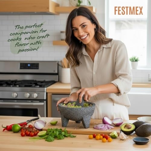 FESTMEX Genuine Handmade Mexican Mortar and Pestle Set- 8 Inches, Molcajete Mexicano — Mexican Cookware Perfect as Salsa Bowls, Guacamole Bowl and Masher, Mortero Para Cocina made from Volcanic Rock in Mexico - Image 4