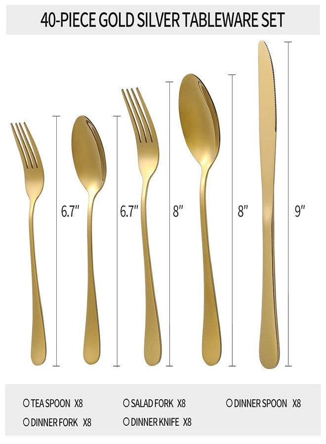 Xingjiake Gold Silverware Set 40 Piece, Flatware Cutlery Set For 8, Stainless Steel Gold Forks And Spoons Silverware Set, Kitchen Utensils Set, Dishwasher Safe - Image 2