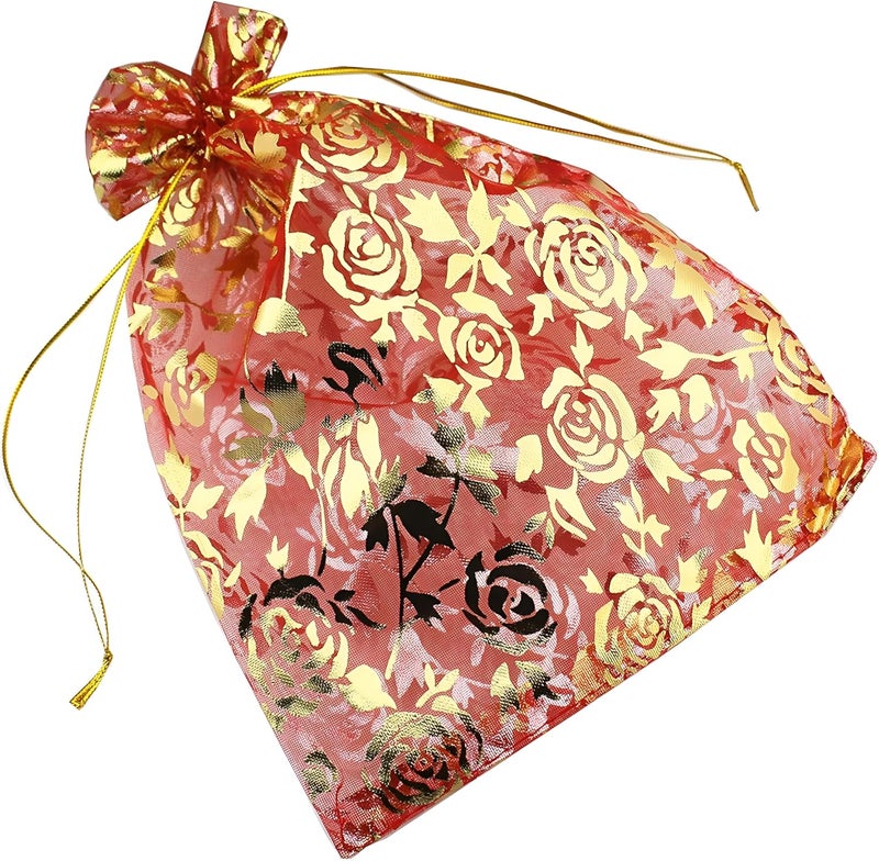 NFI essentials NFI Essentials 16 * 24 Cm Set of 50 Organza Wedding Favor Bags with Drawstring Potli Bags for Return Gifts Jewelry Gift Pouch Candy Pouch Dry Fruit Pouches (Red)  - Image 1