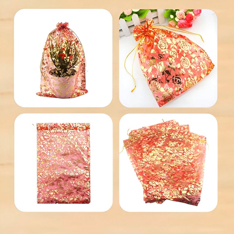 NFI essentials NFI Essentials 16 * 24 Cm Set of 50 Organza Wedding Favor Bags with Drawstring Potli Bags for Return Gifts Jewelry Gift Pouch Candy Pouch Dry Fruit Pouches (Red)  - Image 3