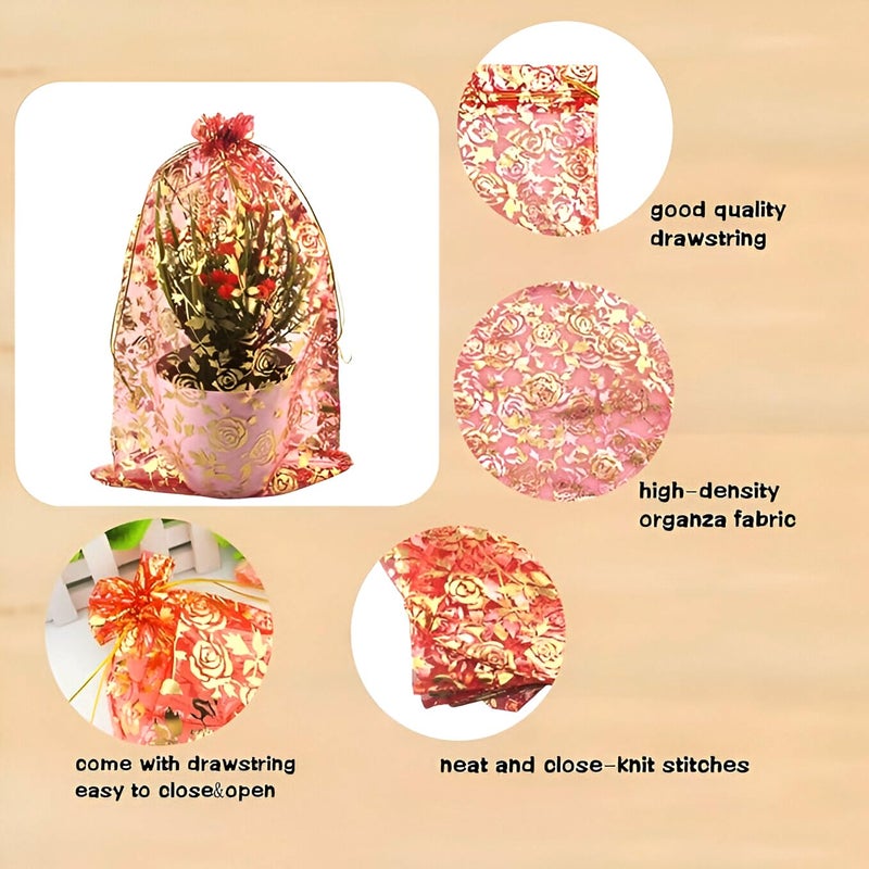 NFI essentials NFI Essentials 16 * 24 Cm Set of 50 Organza Wedding Favor Bags with Drawstring Potli Bags for Return Gifts Jewelry Gift Pouch Candy Pouch Dry Fruit Pouches (Red)  - Image 5