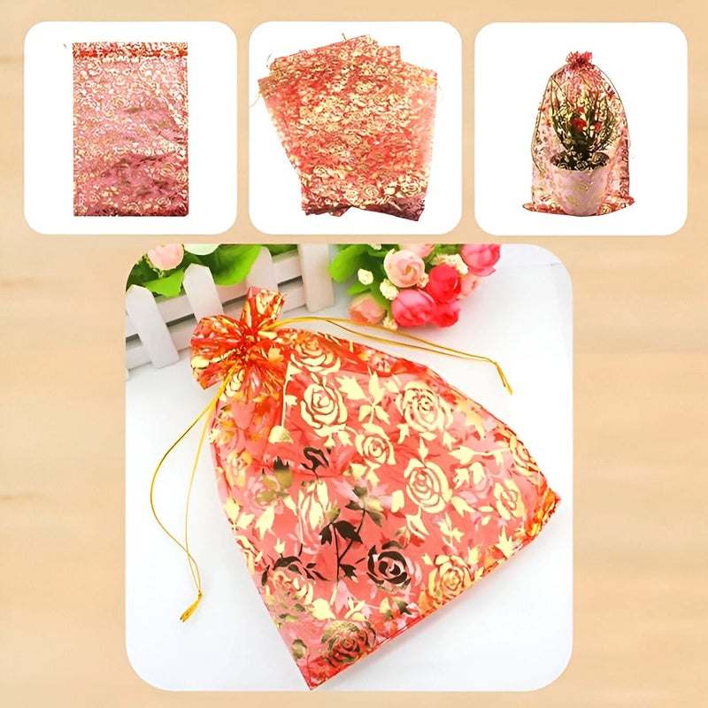 NFI essentials NFI Essentials 16 * 24 Cm Set of 50 Organza Wedding Favor Bags with Drawstring Potli Bags for Return Gifts Jewelry Gift Pouch Candy Pouch Dry Fruit Pouches (Red)  - Image 2