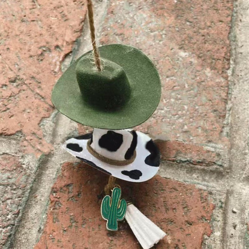 Agromusk Cowboy Hat Car Charm,Country Rear View Mirror Hanging Accessories,Sunflower Cowgirl Hat Cow Print Car Decor,Cute Handmade Felt Mini Hat Ornament Pendent for Women Girls (Green) - Image 1