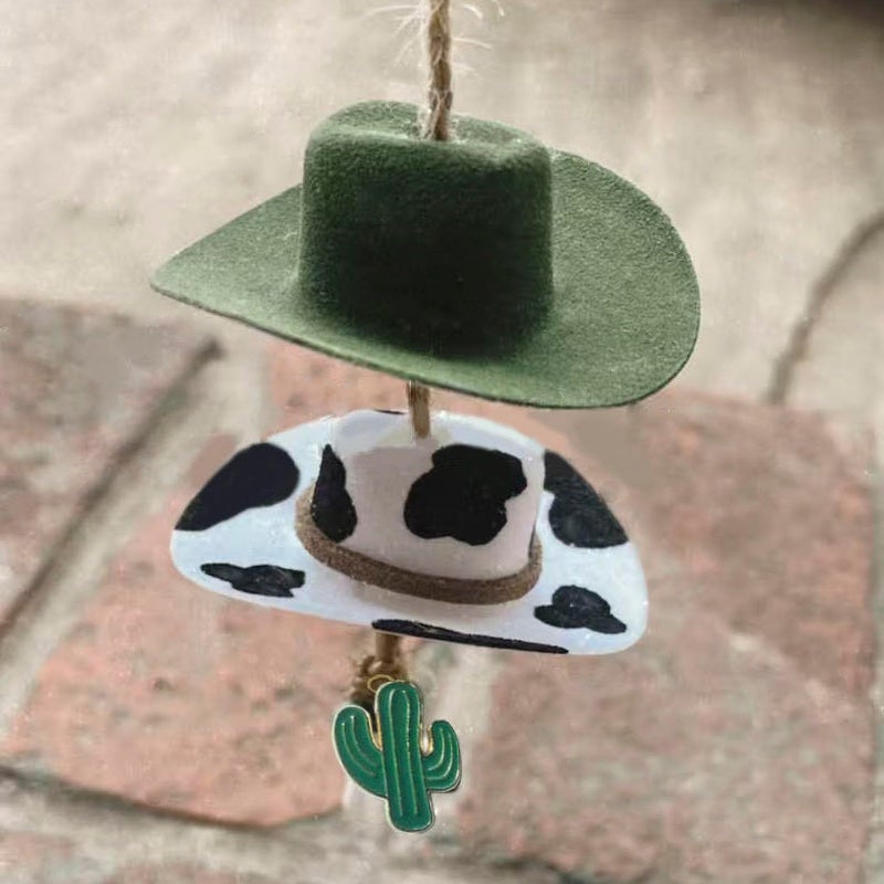 Agromusk Cowboy Hat Car Charm,Country Rear View Mirror Hanging Accessories,Sunflower Cowgirl Hat Cow Print Car Decor,Cute Handmade Felt Mini Hat Ornament Pendent for Women Girls (Green) - Image 3