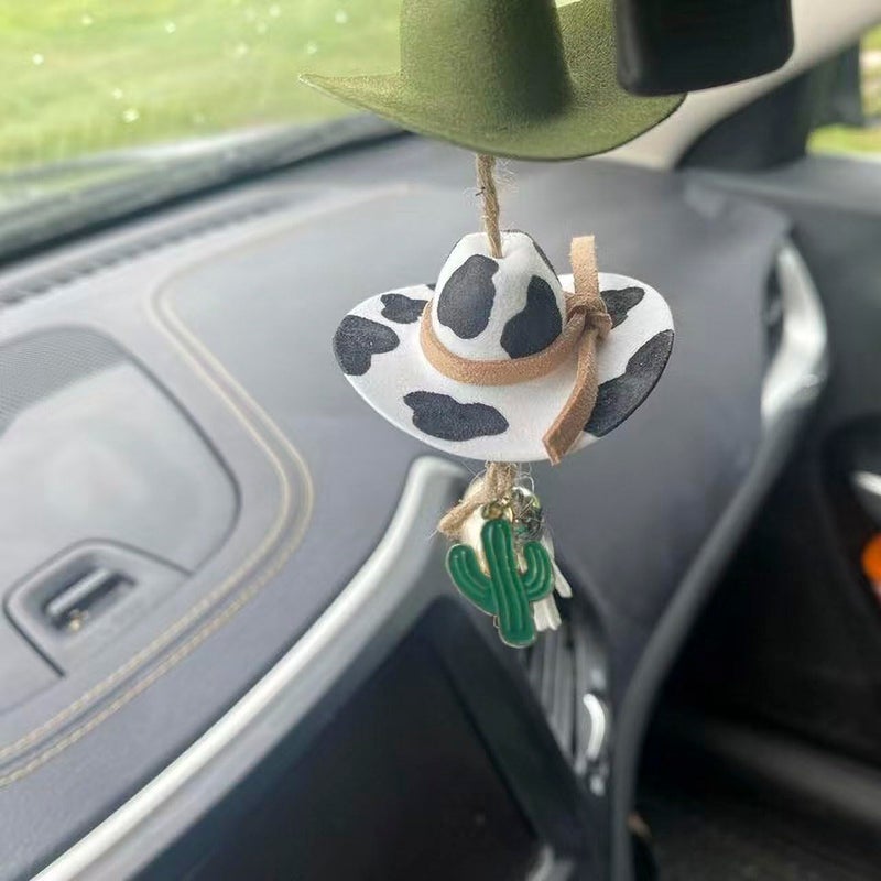 Agromusk Cowboy Hat Car Charm,Country Rear View Mirror Hanging Accessories,Sunflower Cowgirl Hat Cow Print Car Decor,Cute Handmade Felt Mini Hat Ornament Pendent for Women Girls (Green) - Image 4