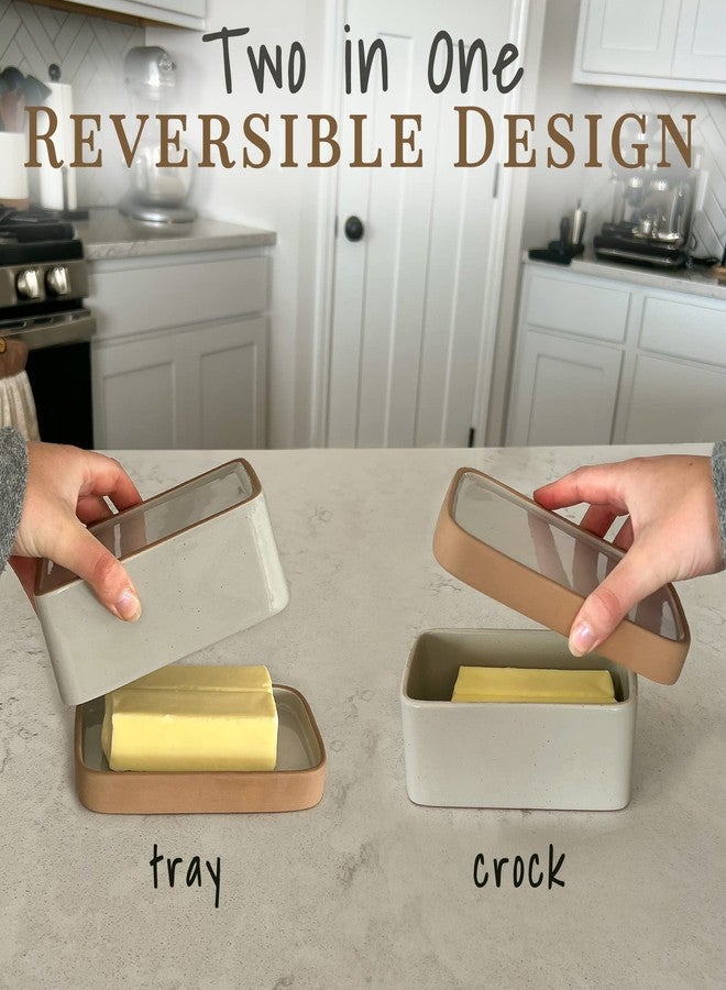 Mora Ceramic Two-in-One Butter Dish with Lid, Covered Butter Crock Container to Leave on Countertop - Large Storage Keeper/Holder for Kitchen, Gifts for Her, Butter Tray For Counter - Earl Grey - Image 2