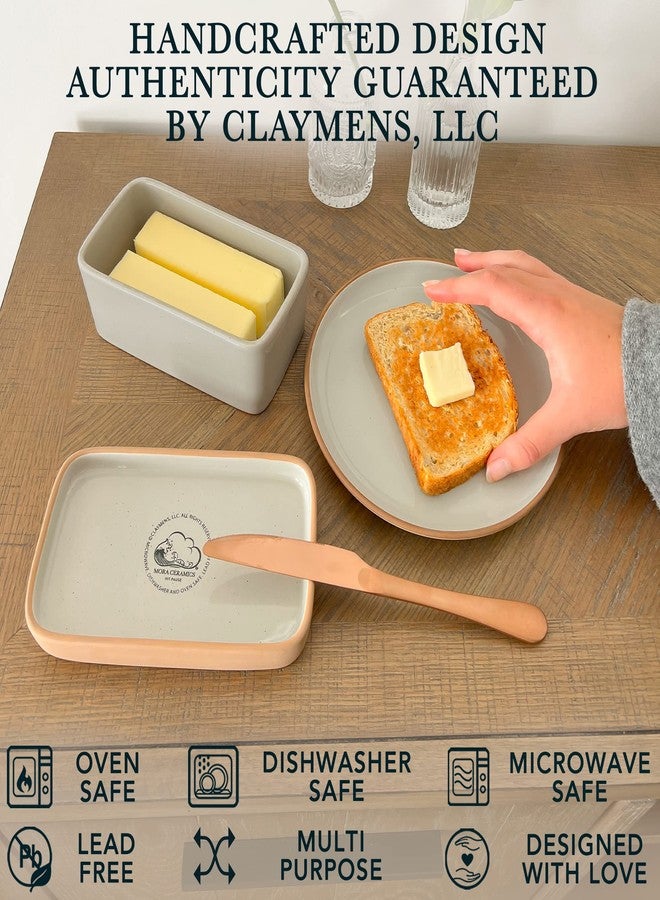 Mora Ceramic Two-in-One Butter Dish with Lid, Covered Butter Crock Container to Leave on Countertop - Large Storage Keeper/Holder for Kitchen, Gifts for Her, Butter Tray For Counter - Earl Grey - Image 4