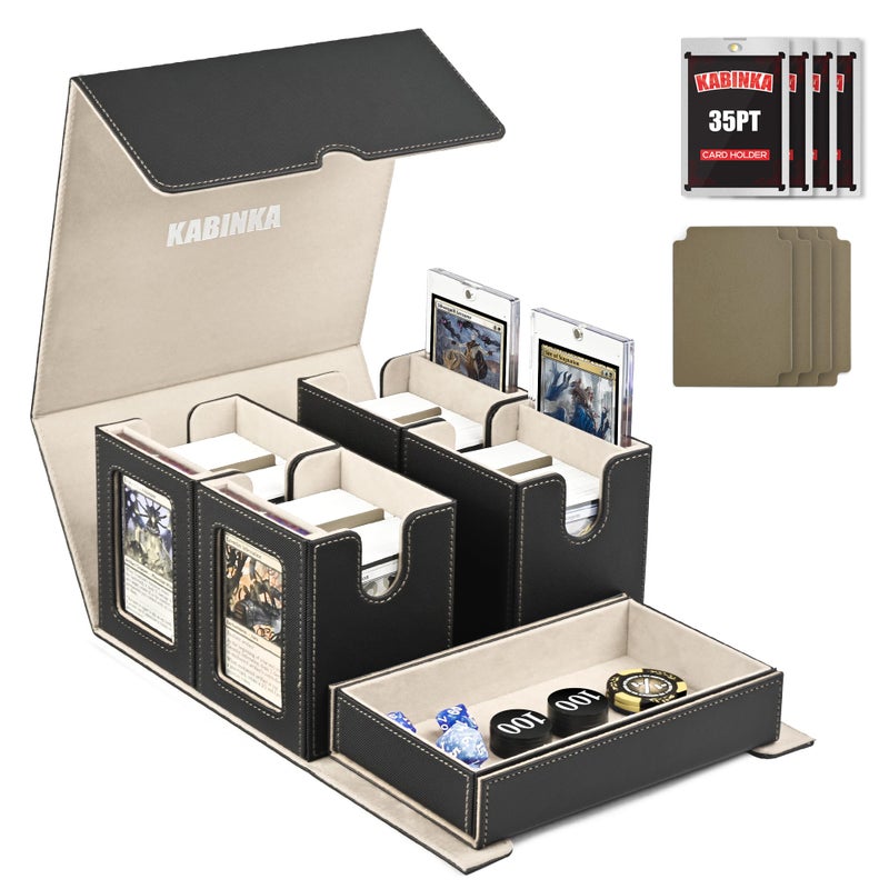 Kabinka Card Deck Box for MTG with Commander Display 5 in 1 Card Storage Box Fits 400 Doublesleeved Cards Removable Deck Case for TCGSports Cards with Dice Tray 4 Magnetic Card Holders Black Gold - Image 2