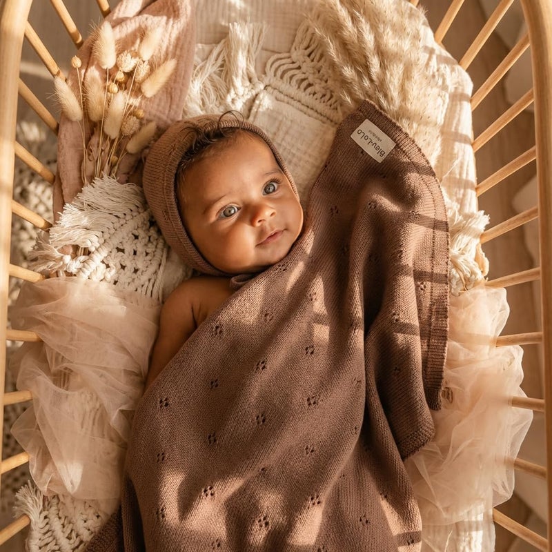 Bleu La La Baby Gift Set - Organic Cotton Newborn Blanket Essentials, Thoughtful Baby Shower & New Baby Gift for Boys & Girls (Pointelle - Milk Chocolate) - Image 4