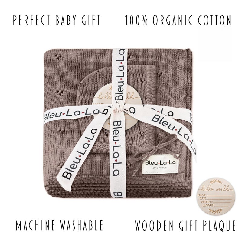 Bleu La La Baby Gift Set - Organic Cotton Newborn Blanket Essentials, Thoughtful Baby Shower & New Baby Gift for Boys & Girls (Pointelle - Milk Chocolate) - Image 3