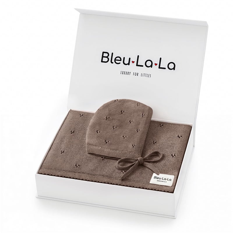 Bleu La La Baby Gift Set - Organic Cotton Newborn Blanket Essentials, Thoughtful Baby Shower & New Baby Gift for Boys & Girls (Pointelle - Milk Chocolate) - Image 1
