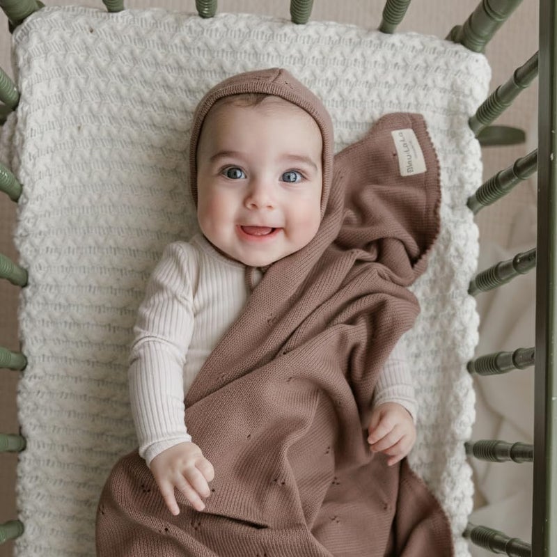 Bleu La La Baby Gift Set - Organic Cotton Newborn Blanket Essentials, Thoughtful Baby Shower & New Baby Gift for Boys & Girls (Pointelle - Milk Chocolate) - Image 2
