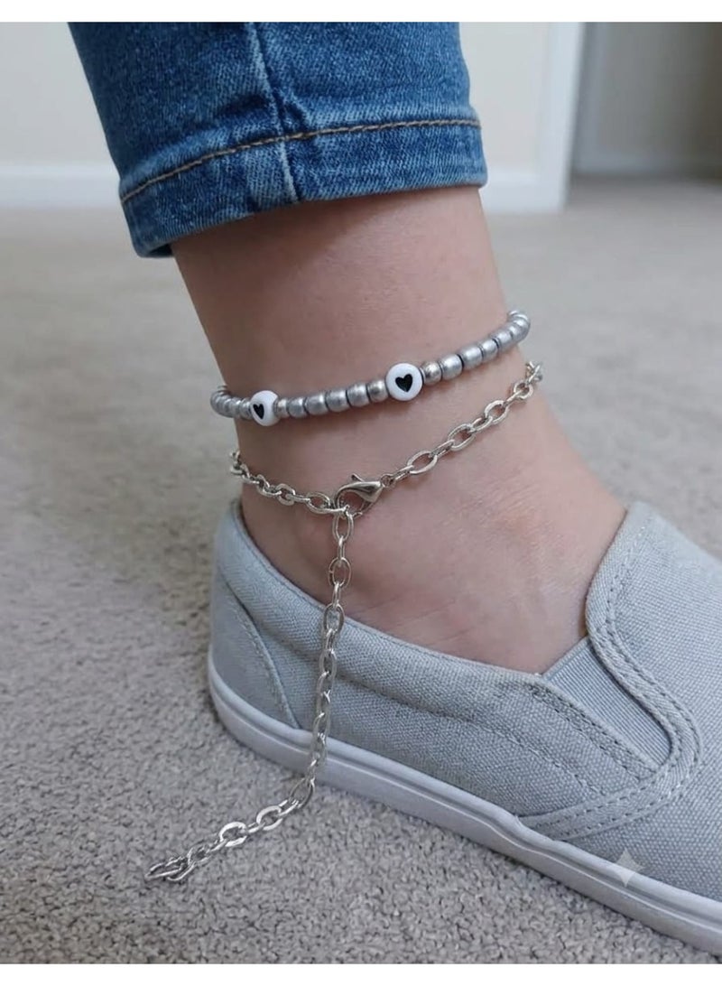 Women's Silver Tone Beaded Heart Charm Double Layer Anklet