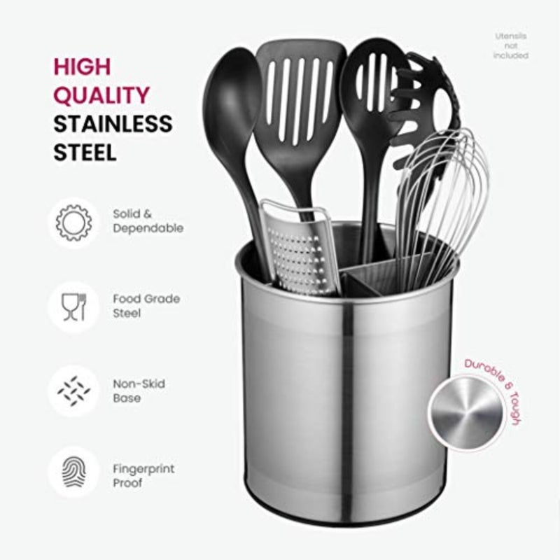 Yuandidu Extra Large Stainless Steel Kitchen Cutlery Holder 360° Rotating Utensil Container Weighted Base for Stability Utensil Pot with Removable Divider Easy Cleaning - Image 5