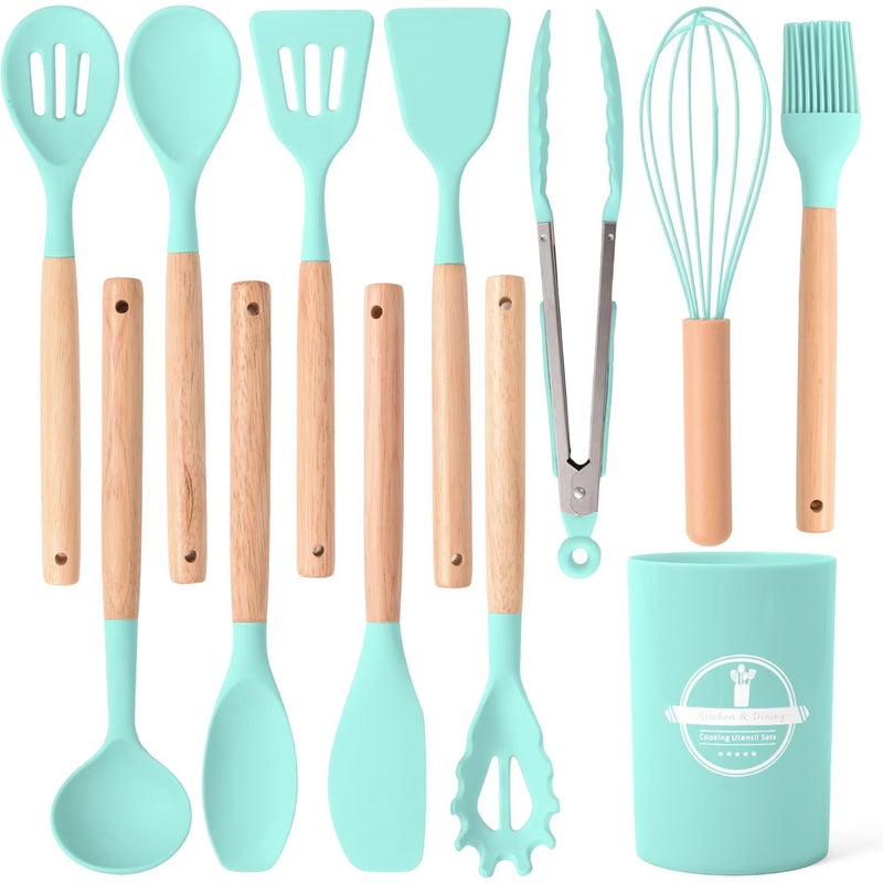 Cross-border wholesale wooden handle silicone kitchenware 12 pieces suit household high temperature resistant cooking silicone spatula soup spoon suit Green
