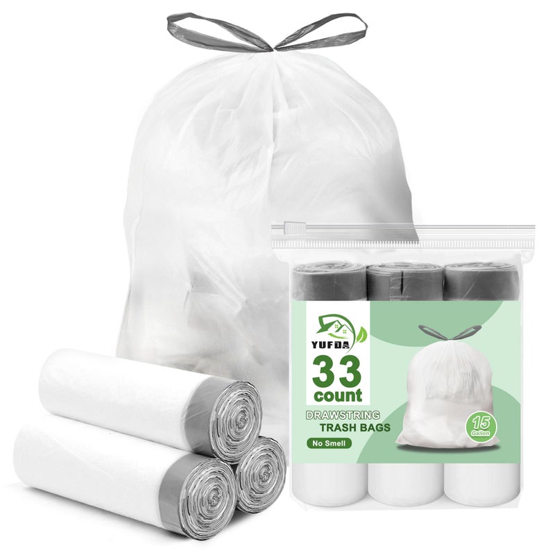 YUFDA 15 Gallon Trash Bags Drawstring,Tall Kitchen Trash Bags,50 Liter White Garbage Bags Kitchen,33 Count - Image 1