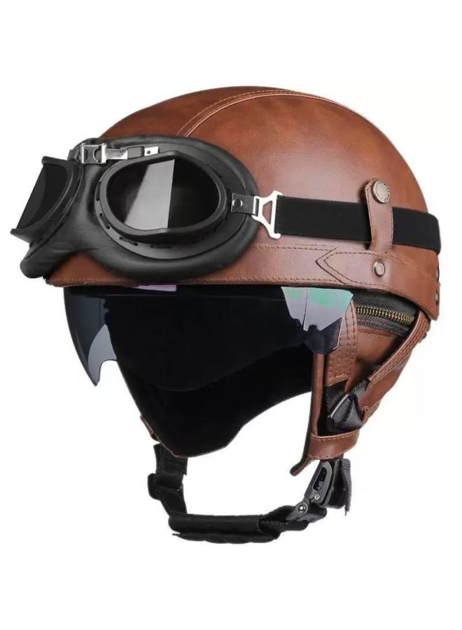 Retro Unisex Large Size Half Motorcycle Helmet - Dark Brown with Black Frame and Tea Mirror Visor