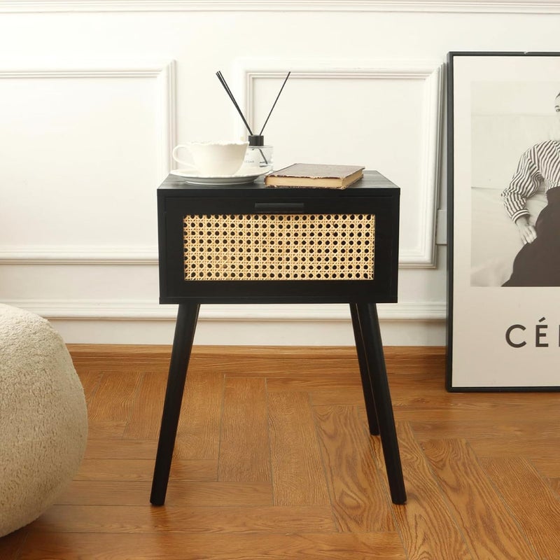 AWASEN Mid Century Modern Nightstand Rattan Side Table with Drawer Black Bedside Table with Storage and Solid Wood Legs for Living Room Bedroom and Small Space Black