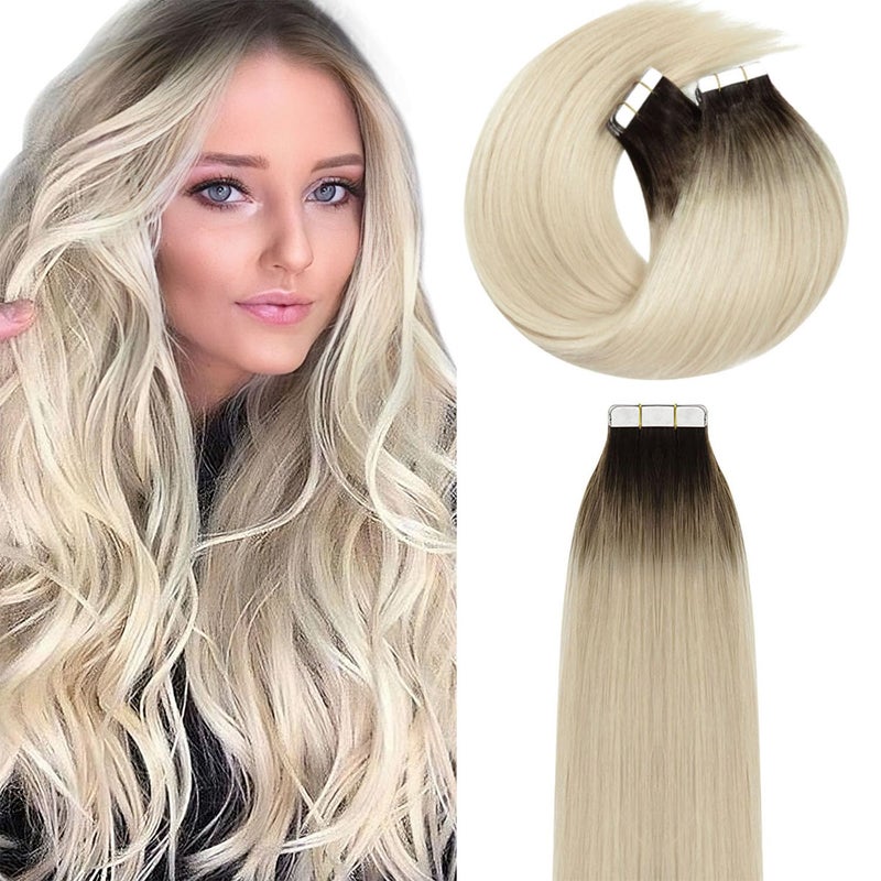 Lacer Tape in Hair Extensions Human Hair Natural Rooted Darker Brown to Platinum Blonde Color Hair Extensions Tape in Double Side Seamless PU Skin Weft Tape in Extensions 50g 20pcsset 16 Inch