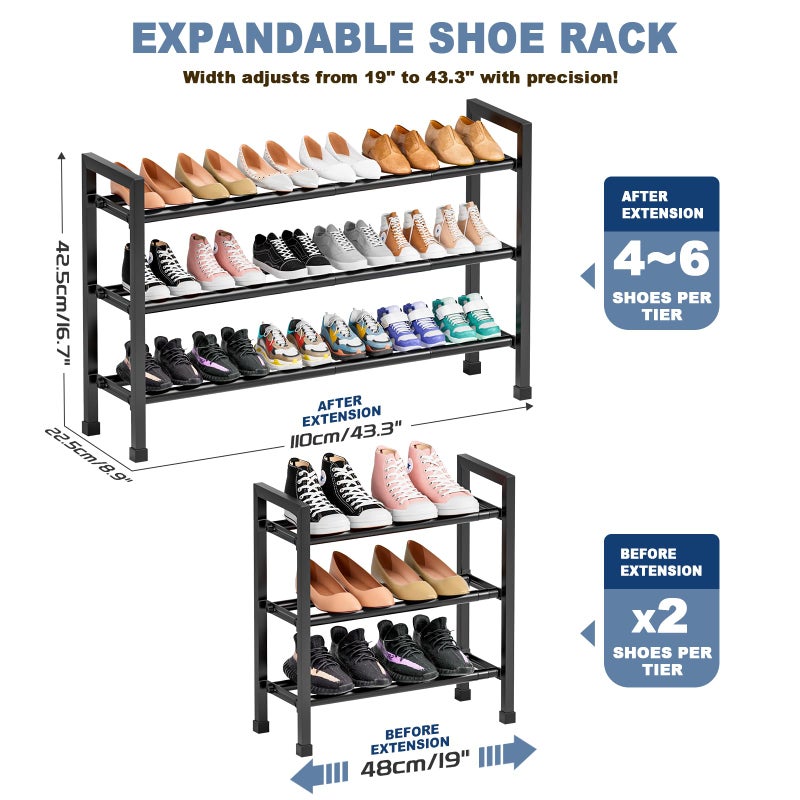Mavivegue 19â€œ- 43â€ Adjustable Shoe Rack, 3 Adjustable Length, 3 Tier Expandable Shoe Rack for Closet, Entryway, Shoe Shelf, Black - Image 2