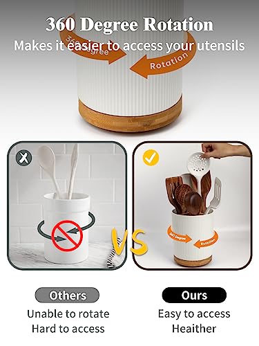 LoeJan 3 Compartment Utensil Holder, Extra Large Utensil Crock, Stable Ceramic Utensil Organizer, Cooking Tool Organizer Set for Kitchen Counter Farmhouse Decor (A-White(Vertical Stripe)) - Image 5