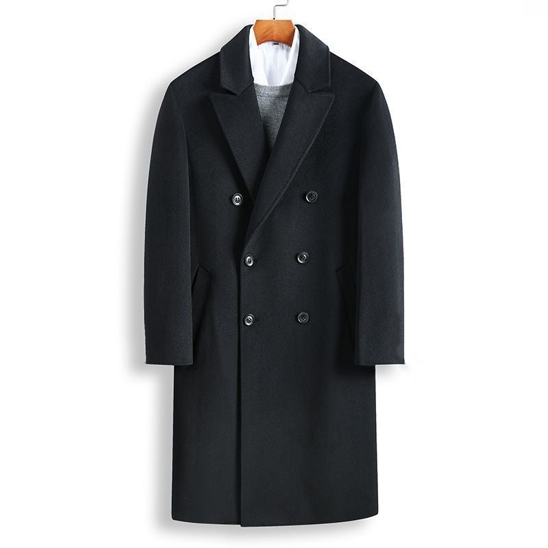 2022 Double Row Super Long Woolen Coat Mens Autumn and Winter Woolen Coat Long Woolen Thickened Fat Man Trenchcoat Black anti-season price over the knee-plus cotton