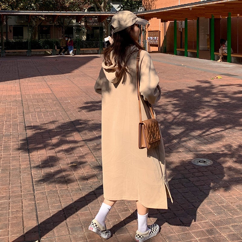 2023 autumn and winter New Korean style BF style hem split loose slimming fleece-lined thickened over-the-knee hooded sweater dress Light khaki - Image 4