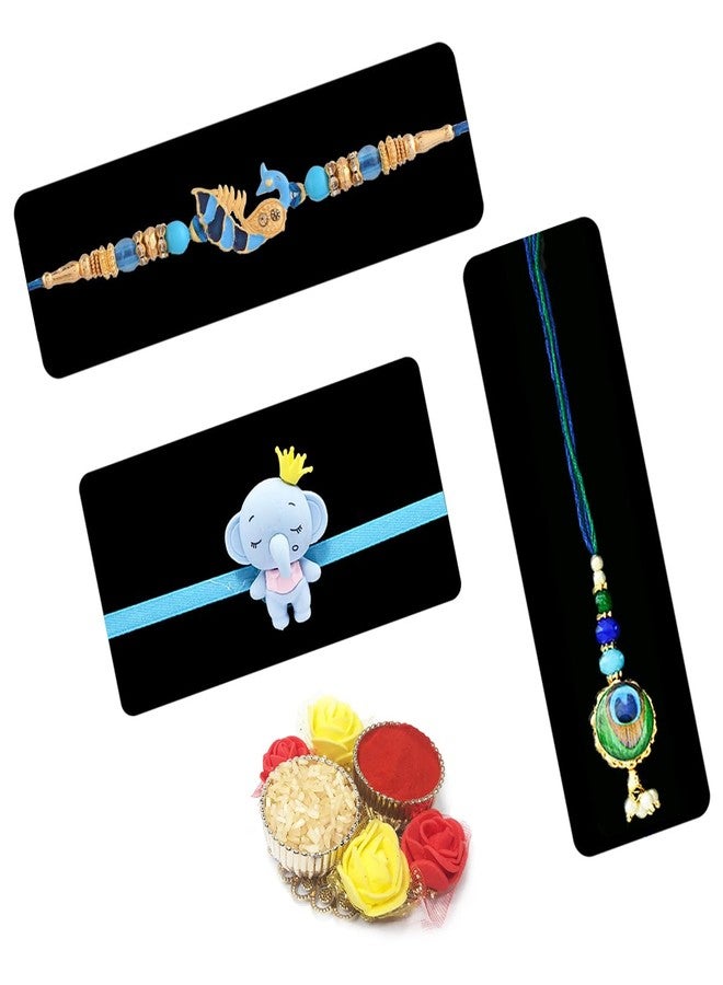 Saugat Traders Family Rakhi Set of 3 for Bhaiya Bhabhi and Kid Combo - Peacock Design Rakhi for Brother and Bhabhi - Cartoon Rakhee for Kids with Roli Chawal Chopra - Image 1