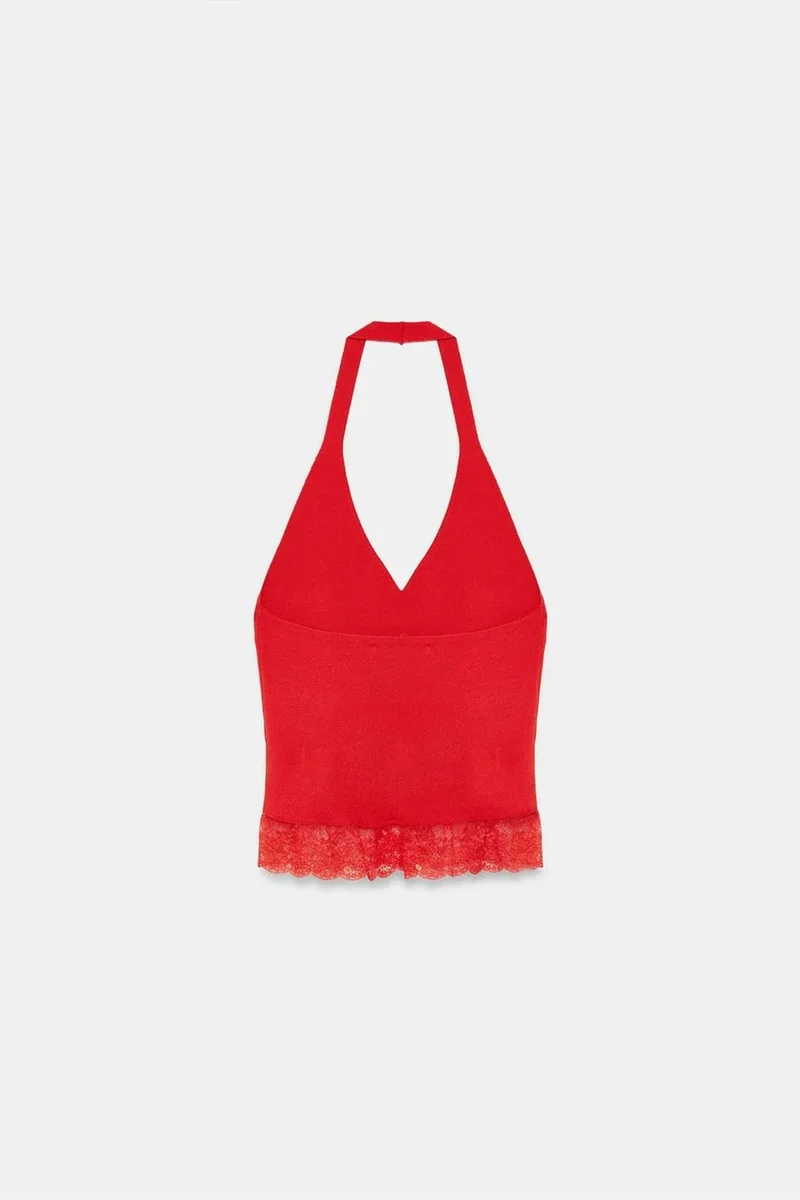 Dilvin Red DILVIN Ribbed Lace Halterneck Blouse for Women | Best Price UAE