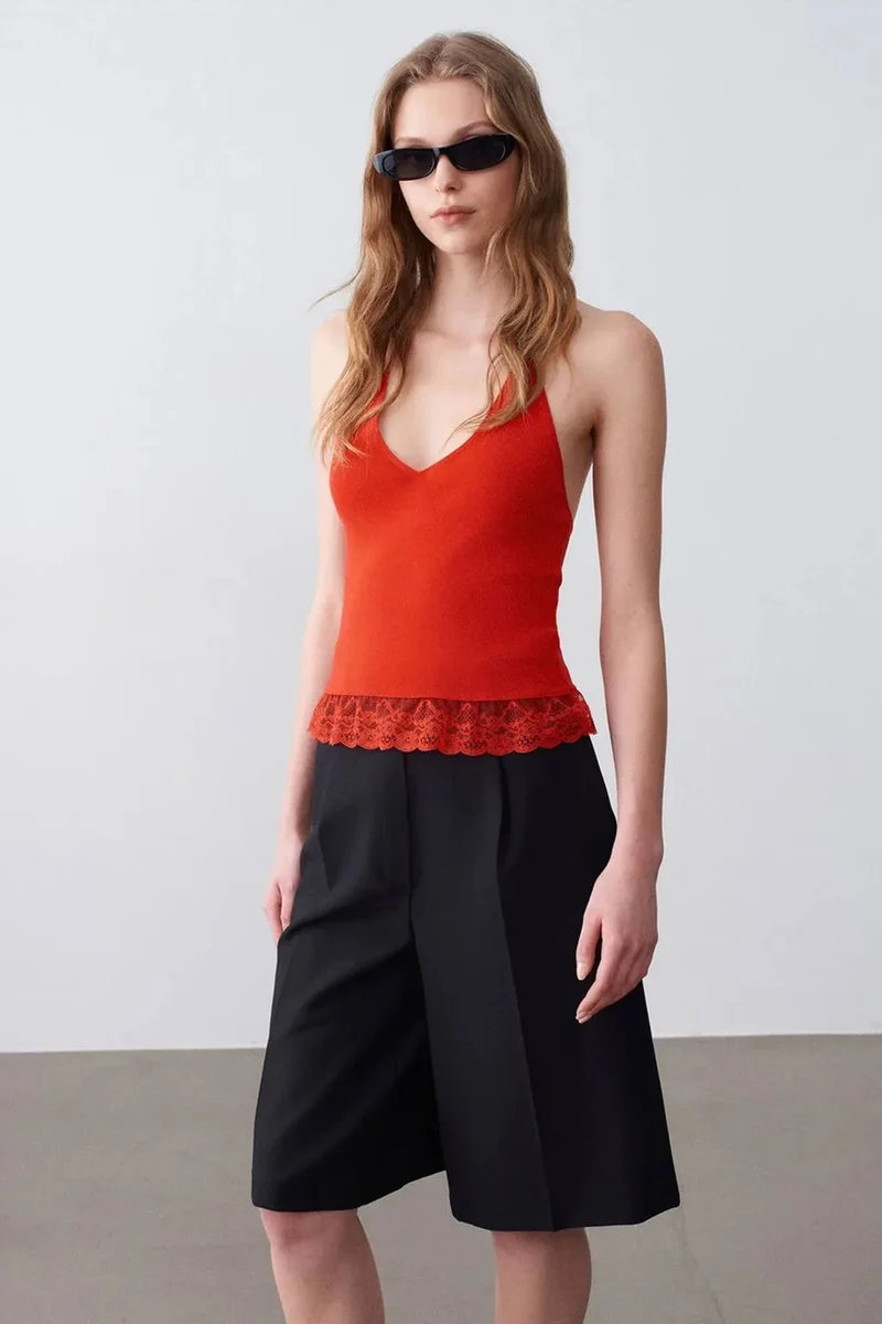 Dilvin Red DILVIN Ribbed Lace Halterneck Blouse for Women | Best Price UAE