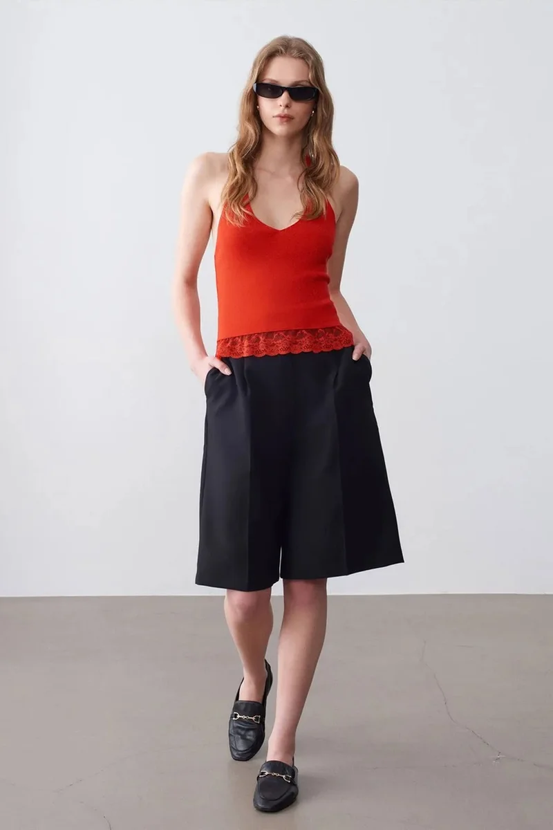Dilvin Red DILVIN Ribbed Lace Halterneck Blouse for Women | Best Price UAE