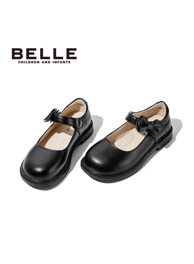 Belle Children's Shoes, Spring And Autumn Kids Leather Shoes, Back-to Student Shoes, Girls' Black Leather Shoes, Flats, Black, Size 33 - Image 1