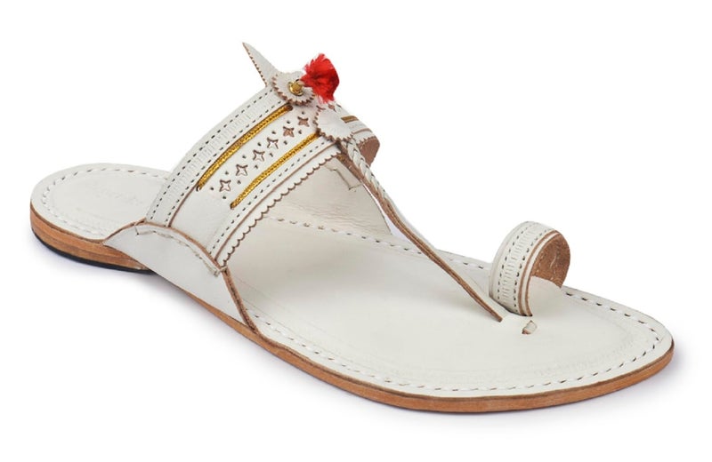 KORAKARI Mens Handmade Kolhapuri Chappal Authentic White with Star Punching Smooth and Comfortable Flip Flops Stylish Anti Slip Design Durable Slipper Sandals Genuine Leather Indian Footwear (UK-08) - Image 1