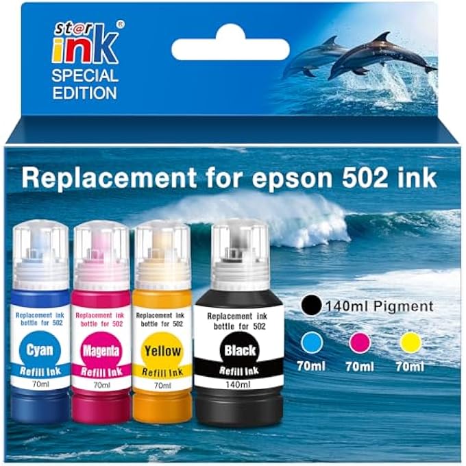 زجاجة حبر 502 قابلة لإعادة التعبئة بحبر صبغي، زجاجات إعادة تعبئة حبر 502 متوافقة مع طابعات ECOTANK ET-4760 ET-3850 ET-4850 ET-2760 ET-3760 ET-2850 ET-3750 ET-4750 ET-3830 ET-15000 - 4 عبوات - Image 2