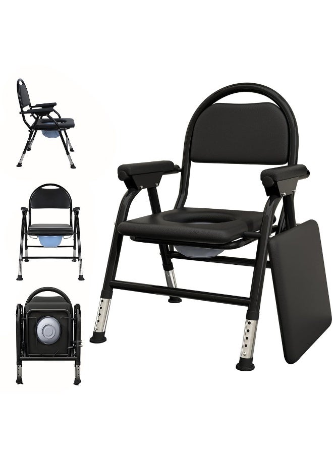 Arabest كرسي مرحاض بجانب السرير، مرحاض قابل للتعديل بارتفاع مع مساند ذراعين وظهر، كرسي مرحاض قابل للطي بجانب السرير، كرسي مرحاض للبالغين مع حامل لفافة ورق لكبار السن وذوي الاحتياجات الخاصة والحوامل (أسود) - Image 1