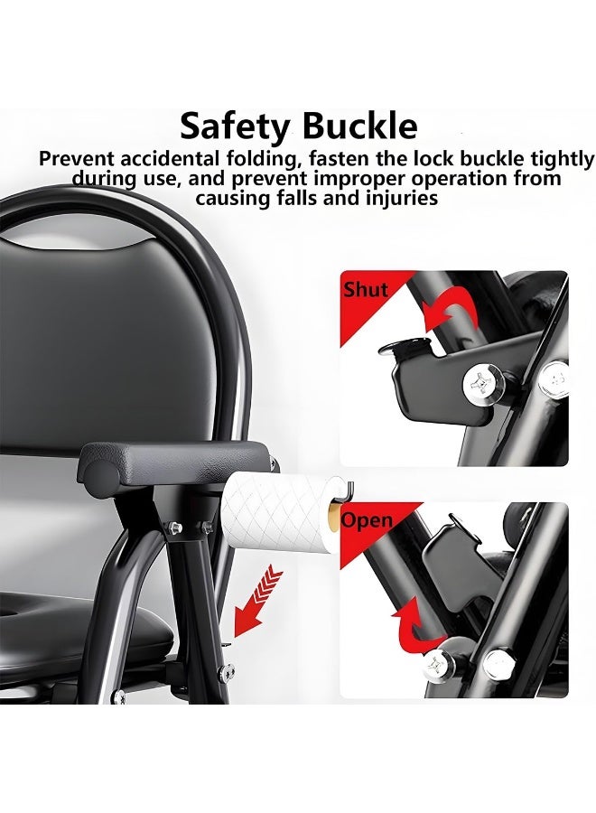 Arabest كرسي مرحاض بجانب السرير، مرحاض قابل للتعديل بارتفاع مع مساند ذراعين وظهر، كرسي مرحاض قابل للطي بجانب السرير، كرسي مرحاض للبالغين مع حامل لفافة ورق لكبار السن وذوي الاحتياجات الخاصة والحوامل (أسود) - Image 4