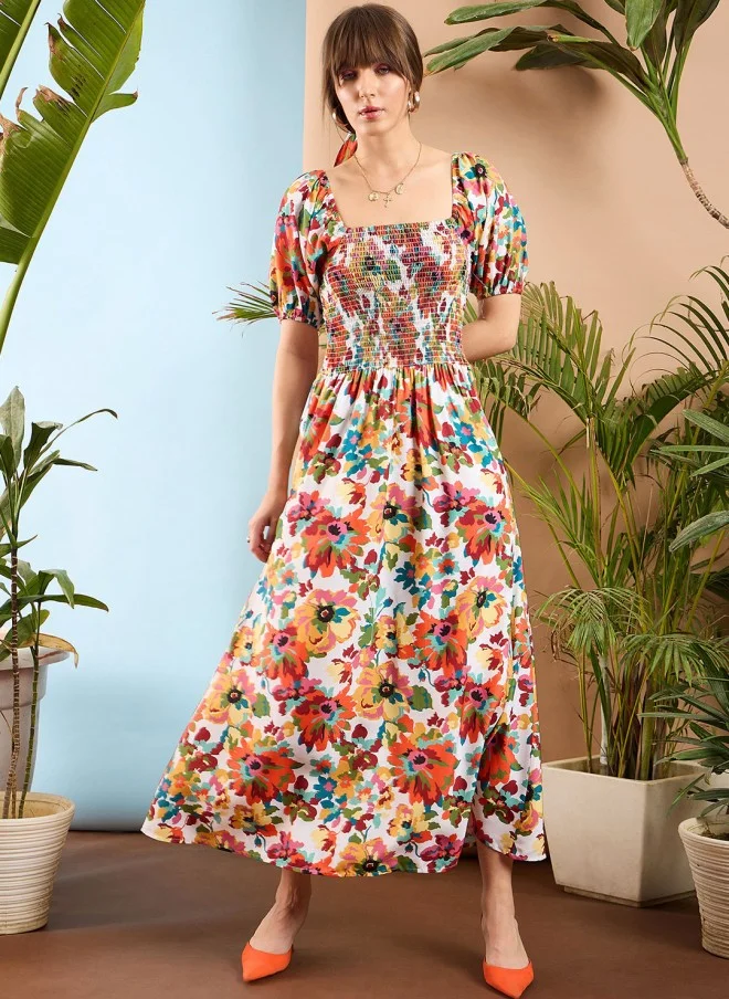 SASSAFRAS Floral Printed Puff Sleeves Maxi Dress for Women
