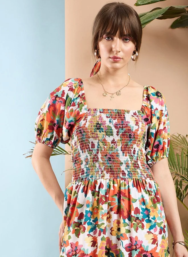 SASSAFRAS Floral Printed Puff Sleeves Maxi Dress for Women